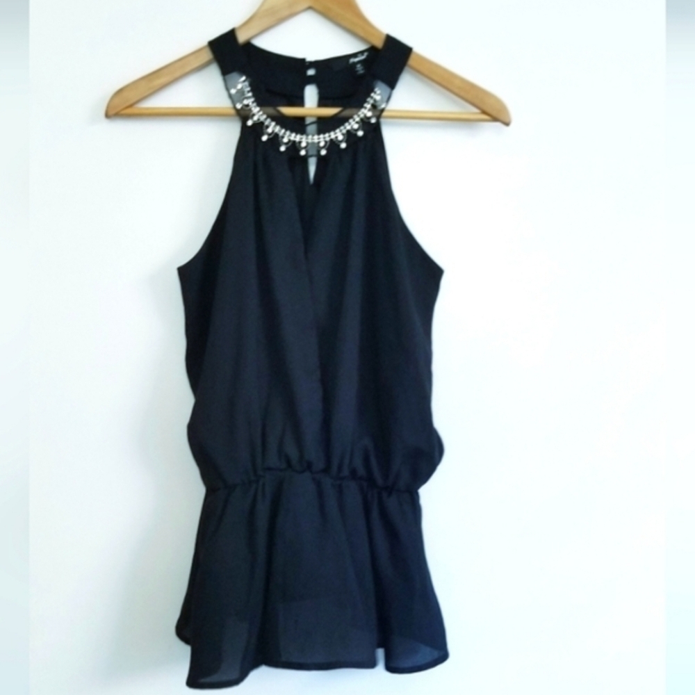 Papaya Black Haltered Surplice Sleeveless Peplum Top with Rhinestones Neckline